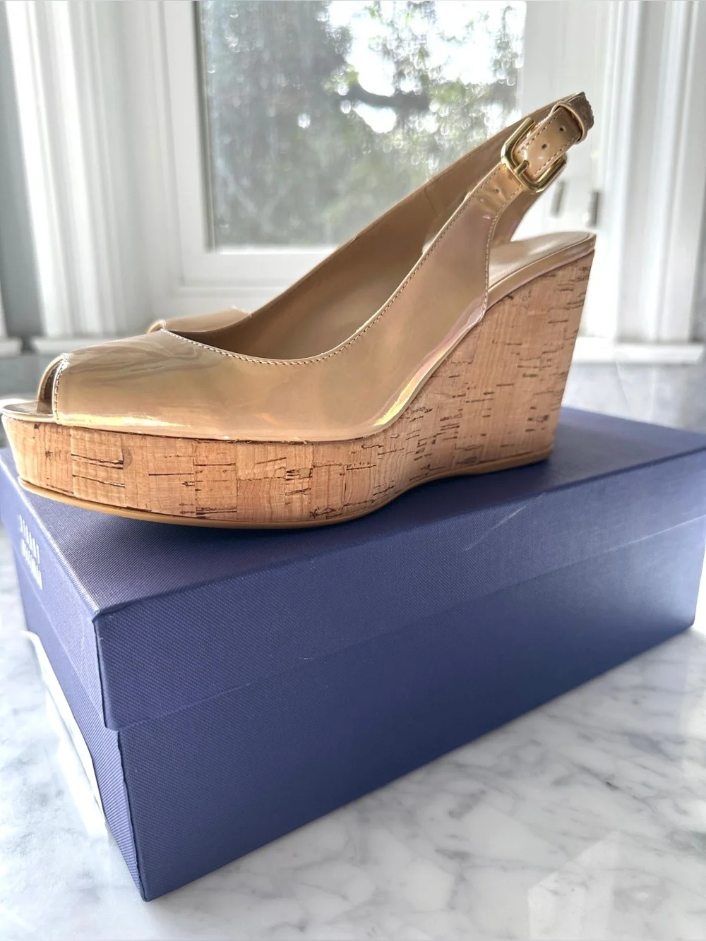 Stuart Weitzman Iridescent Nude Patent Slingback Wedges - Picture 3 of 9